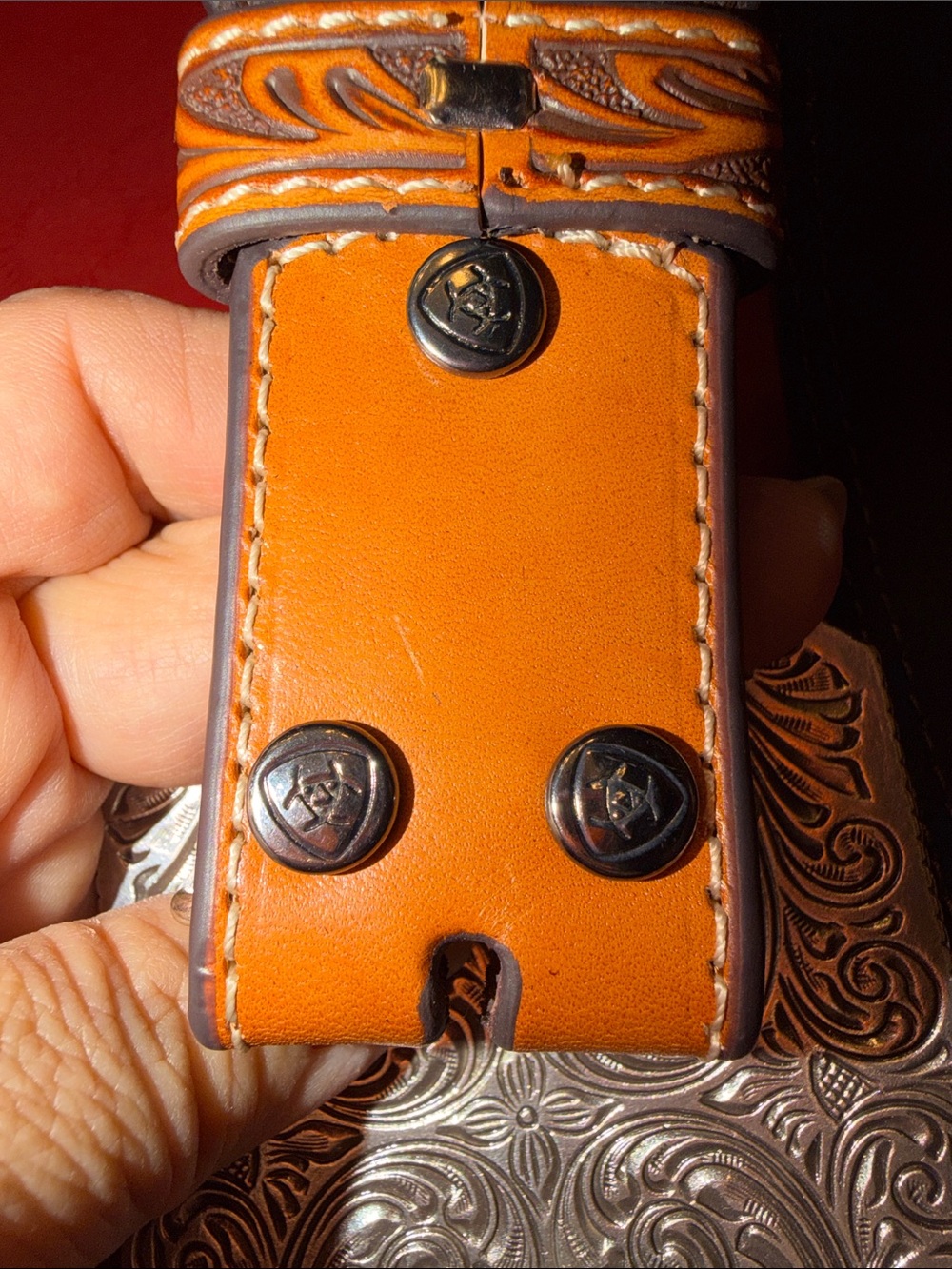 NWOT Ariat Brown Tooled Genuine Leather Belt with Silver & Gold Western Buckle - Picture 8 of 12